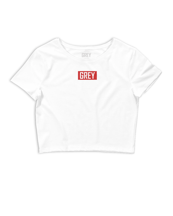 Signature Red Box Logo Women's Cropped Top T-shirt-Crop Top-White-XS/SM-GREY Style